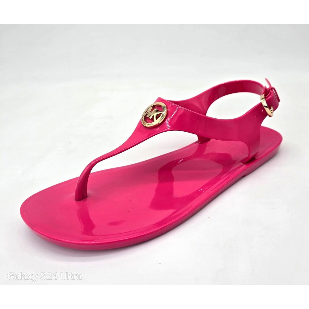 Michael Kors Pink Jelly Thong Sandals Gold Metal Logo T-Strap Flats Women's 7M